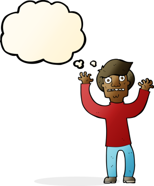 Bir insan tarafından çizilmiş düşünce baloncuğuyla dehşete düşmüş bir adam.