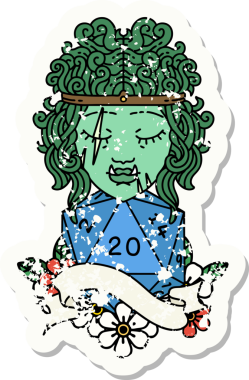 Bir insan tarafından çizilmiş doğal 20 zarlı yarım ork barbar karakterin grunge sticker 'ı.