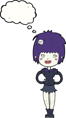 Bir insan tarafından çizilmiş düşünce balonlu mutlu vampir kız çizgi filmi.