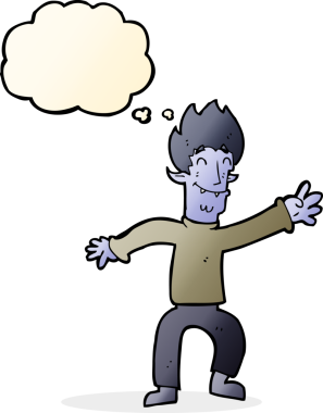 Bir insan tarafından çizilmiş düşünce balonlu mutlu vampir adam çizgi filmi.