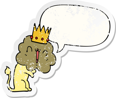 Sözcük baloncuklu çizgi film aslanı bir insan tarafından çizilmiş sıkıntılı eski bir çıkartma.