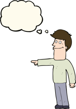 Bir insan tarafından çizilen düşünce baloncuğuyla işaret eden çizgi film adamı.