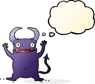 Bir insan tarafından çizilmiş düşünce baloncuğu olan küçük bir şeytan.