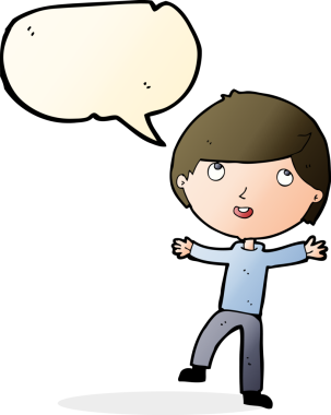 Bir insan tarafından çizilmiş konuşma balonu olan mutlu bir çocuk.