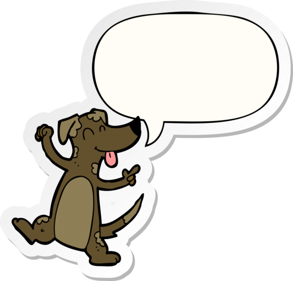 Bir insan tarafından çizilmiş konuşma balonu çıkartmalı dans eden köpek.