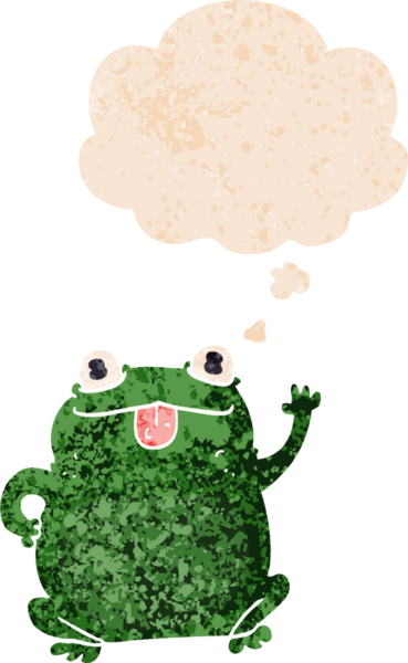 Düşünce baloncuğu ile çizgi film kurbağası grunge sıkıntılı retro dokuma tarzı bir insan tarafından çizilmiş