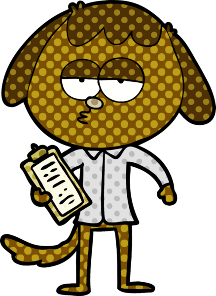 Bir insan tarafından çizilmiş ofis kıyafetleri içinde sıkılmış bir köpek.