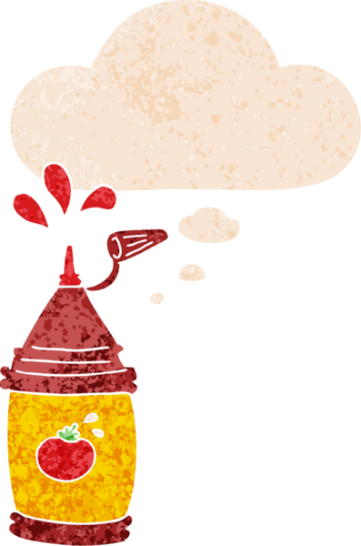 Düşünce baloncuklu ketçap şişesi grunge sıkıntılı retro dokuma tarzı bir insan tarafından çizilmiş