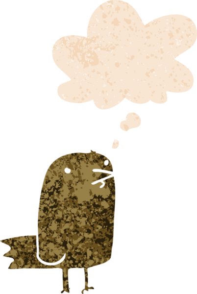 Düşünce baloncuğu ve grunge ile çizgi film kuşu bir insan tarafından çizilmiş sıkıntılı retro tarzı