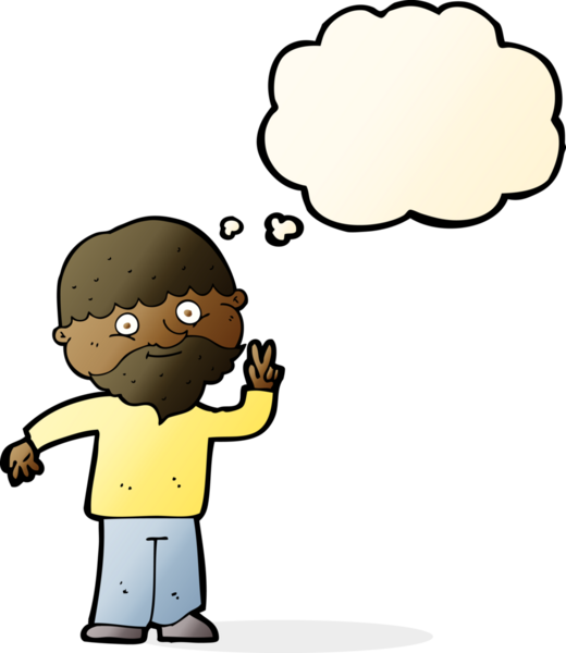 Bir insan tarafından çizilmiş düşünce baloncuğuyla barış işareti yapan çizgi film adamı.