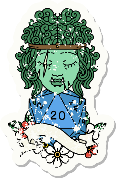 Bir insan tarafından çizilmiş doğal 20 zarlı yarım ork barbar karakterin grunge sticker 'ı.