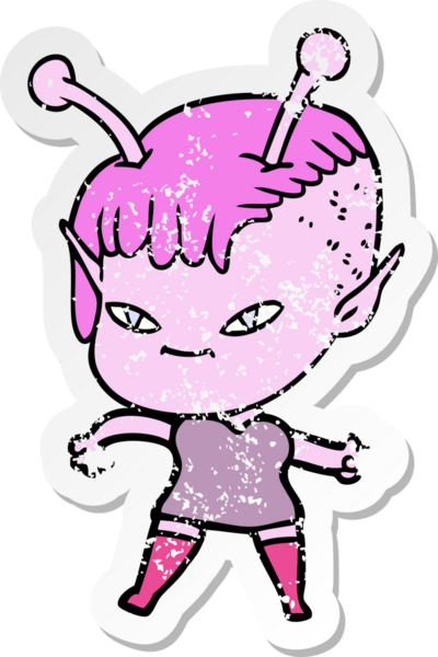 Bir insan tarafından çizilmiş sevimli uzaylı bir kızın sıkıntılı çıkartması.