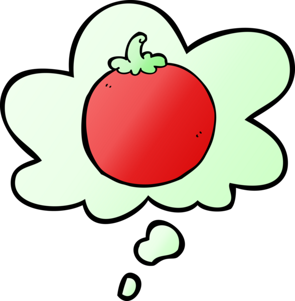 Düşünce baloncuklu çizgi film domatesi, bir insan tarafından çizilmiş düz eğimli bir şekil.