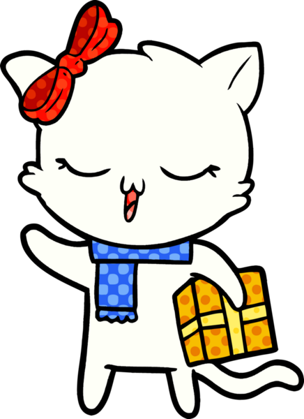 Bir insan tarafından çizilmiş Noel hediyeli çizgi film kızı kedi.