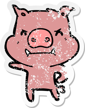 Bir insan tarafından çizilmiş kızgın çizgi film domuzunun sıkıntılı çıkartması.