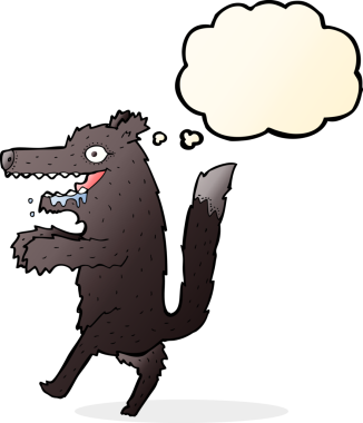 Düşünce baloncuğu insan tarafından çizilmiş büyük kötü kurt çizgi filmi.