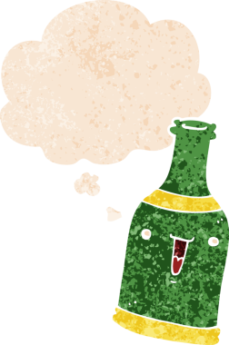 Düşünce baloncuklu çizgi film bira şişesi grunge sıkıntılı retro tarzı bir insan tarafından çizilmiş
