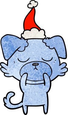 Bir insan tarafından çizilmiş Noel Baba şapkası takan bir köpeğin çizilmiş güzel el çizimi karikatürü.