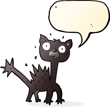 Bir insan tarafından çizilmiş konuşma balonlu korkak kedi çizgi filmi.