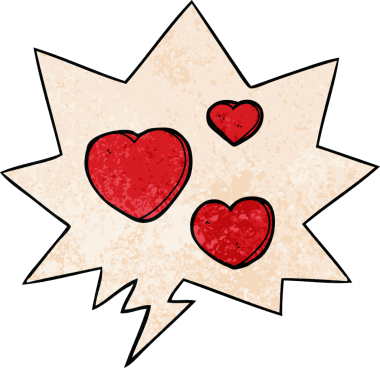 İnsan tarafından çizilmiş eski moda konuşma baloncuklu karikatür aşk kalpleri.