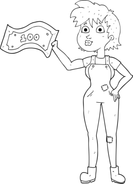 El yazısıyla çizilmiş siyah beyaz çizgi film. Kendine güveni tam bir çiftçi kadın. Bir insan tarafından çekilen parayla.