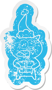 Bir insan tarafından çizilmiş Noel Baba şapkası takan bir domuzun garip karikatürü.