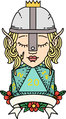 Retro Dövme Tarzı Elf Savaşçısı Doğal 20 zar atışıyla Bir insan tarafından çizilmiş