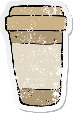 Bir insan tarafından çizilmiş çizgi film kahve fincanının sıkıntılı çıkartması.