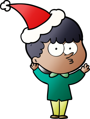 Bir insan tarafından çizilmiş Noel Baba şapkası giymiş meraklı bir çocuğun el çizimi karikatürü.