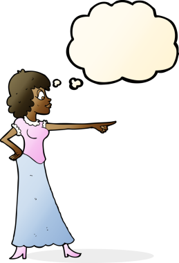 Bir insan tarafından çizilen düşünce baloncuğuyla işaret eden çizgi film kadını.