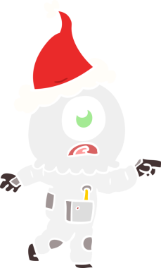 Bir insan tarafından çizilmiş Noel Baba şapkası giyen uzaylı bir Tepegöz 'ün el çizimi düz renk çizimi