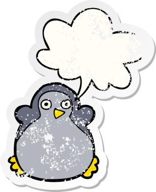Konuşma baloncuğu olan karikatür pengueni bir insan tarafından çizilmiş sıkıntılı eski bir çıkartma