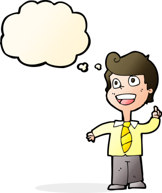 Bir insan tarafından çizilmiş düşünce baloncuğuyla el kaldıran okul çocuğu.