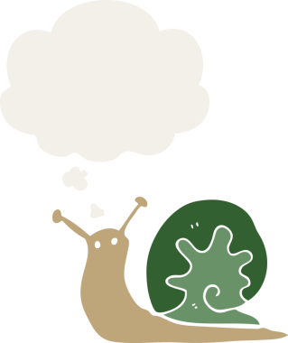 insan tarafından çizilmiş, düşünce baloncuklu çizgi film salyangozu.