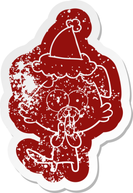 Bir insan tarafından çizilmiş Noel Baba şapkası giymiş, dilinden dışarı fırlamış bir köpeğin çizdiği garip bir çizgi film.