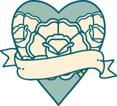 İkonik dövme stili bir kalp ve bir insan tarafından çizilmiş çiçekli pankart.