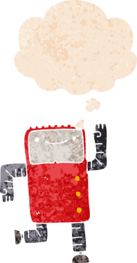 grunge 'da düşünce baloncuğu olan karikatür robotu bir insan tarafından çizilmiş gerilimli retro stil