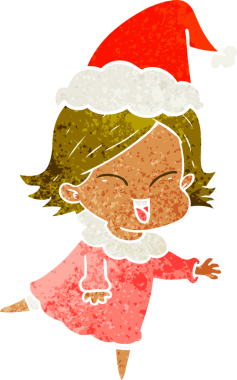 Bir insan tarafından çizilmiş Noel Baba şapkası takan bir kızın mutlu el çizimi karikatürü.