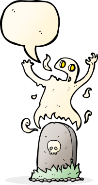 Bir insan tarafından çizilmiş konuşma balonuyla mezardan yükselen karikatür hayaleti.