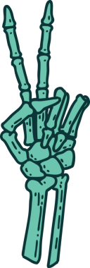 Bir insan tarafından çizilmiş barış işareti veren bir iskeletin ikonik dövme görüntüsü.