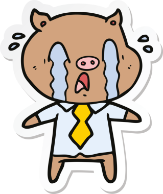 Bir insan tarafından çizilmiş insan kıyafetleri içinde ağlayan bir domuz çizgi filminin çıkartması.