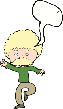 Çizgi filmdeki bıyıklı adam disko bir insan tarafından çizilmiş konuşma balonuyla dans ediyor.