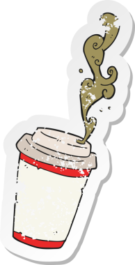 Çizgi filmin gerilimli retro yapıştırması bir insan tarafından çizilmiş kahveyi dışarı çıkar