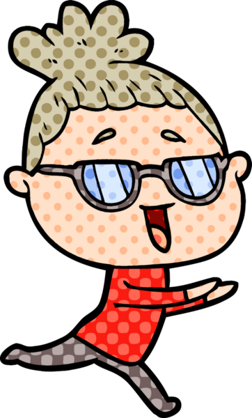 Bir insan tarafından çizilmiş gözlüklü mutlu kadın çizgi filmi.