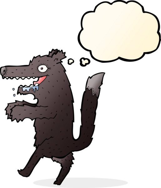 Düşünce baloncuğu insan tarafından çizilmiş büyük kötü kurt çizgi filmi.