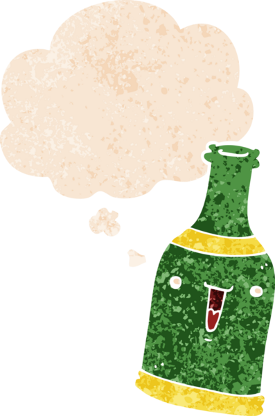 Düşünce baloncuklu çizgi film bira şişesi grunge sıkıntılı retro tarzı bir insan tarafından çizilmiş