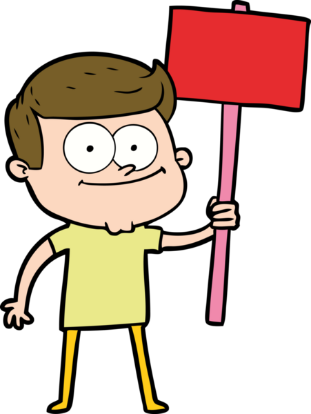 Bir insan tarafından çizilmiş pankartı olan mutlu bir adam.