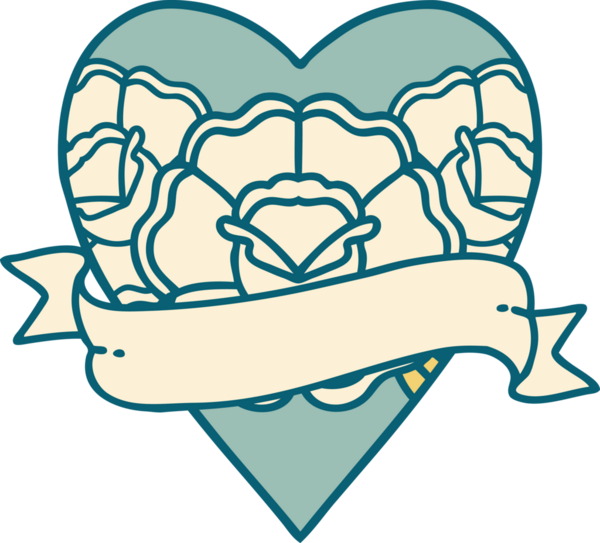 İkonik dövme stili bir kalp ve bir insan tarafından çizilmiş çiçekli pankart.