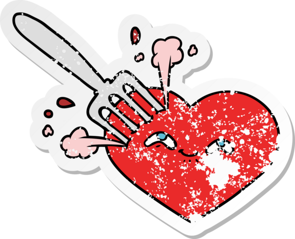 Bir insan tarafından çizilmiş çatalla çizilmiş bir aşk kalbinin hüzünlü çıkartması.