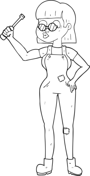Bir insan tarafından çizilmiş siyah beyaz karikatür kadın tamirci.